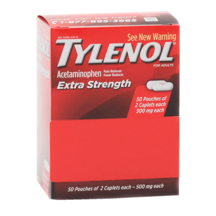 Tylenol Extra Strength Pain Relief Caplets Industrial Packets 50x2